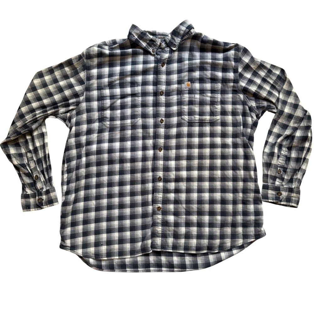 Carhartt Mens 2XL Relaxed‎ Fit Plaid Button Down Shirt Navy White Buffalo Check - Picture 2 of 10